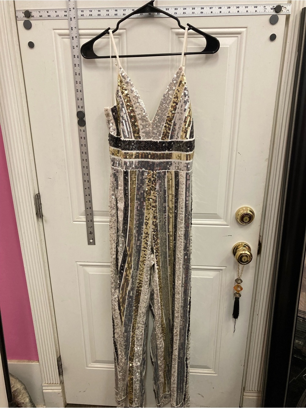 NWT- Express, Sparkly Jumpsuit, V-Neck w/ Gold, Black & Silver Sequin Stripes